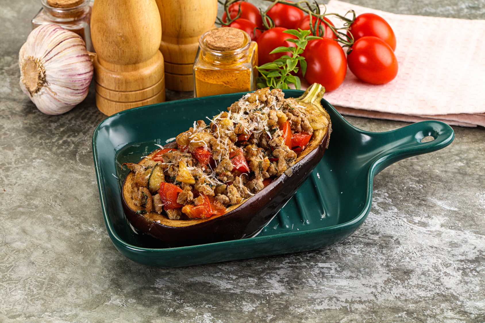 Food inspiration: a roasted eggplant boat with a meat filling